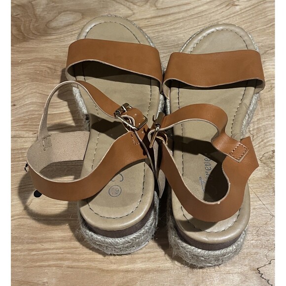 FOREVER 21 Brown Suede Wedge Platform Jute Strap Sandals Open Toe Women Sz 6.5 - Picture 4 of 10